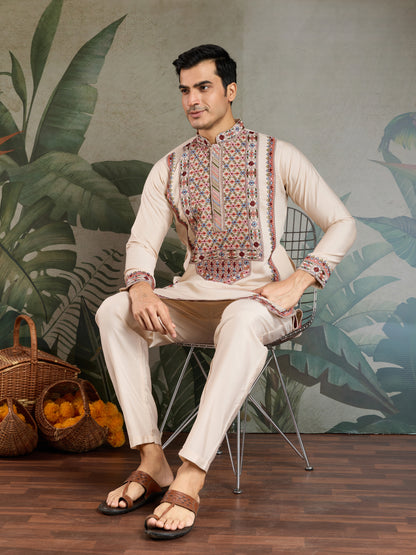 Elegant Cream Kurta with Intricate Multicolor Embroidery – Premium Festive Wear