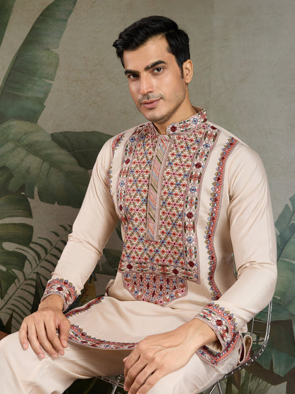 Elegant Cream Kurta with Intricate Multicolor Embroidery – Premium Festive Wear