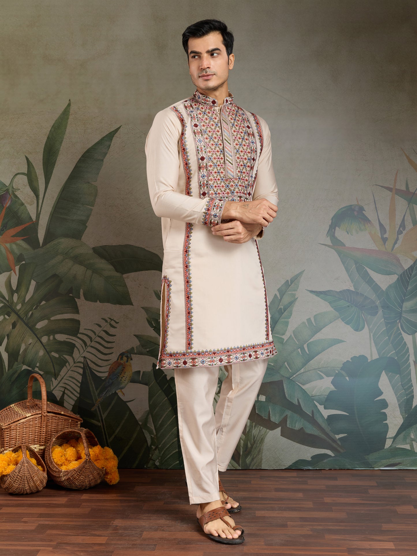 Elegant Cream Kurta with Intricate Multicolor Embroidery – Premium Festive Wear