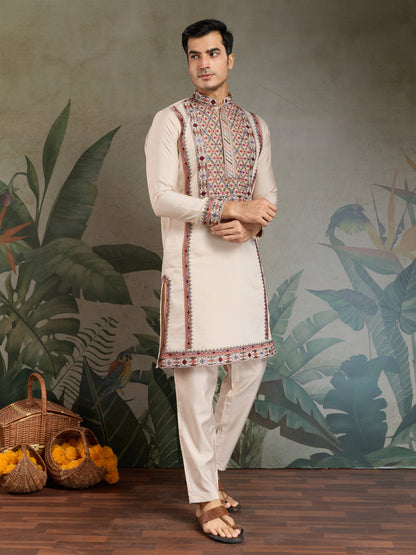 Elegant Cream Kurta with Intricate Multicolor Embroidery – Premium Festive Wear
