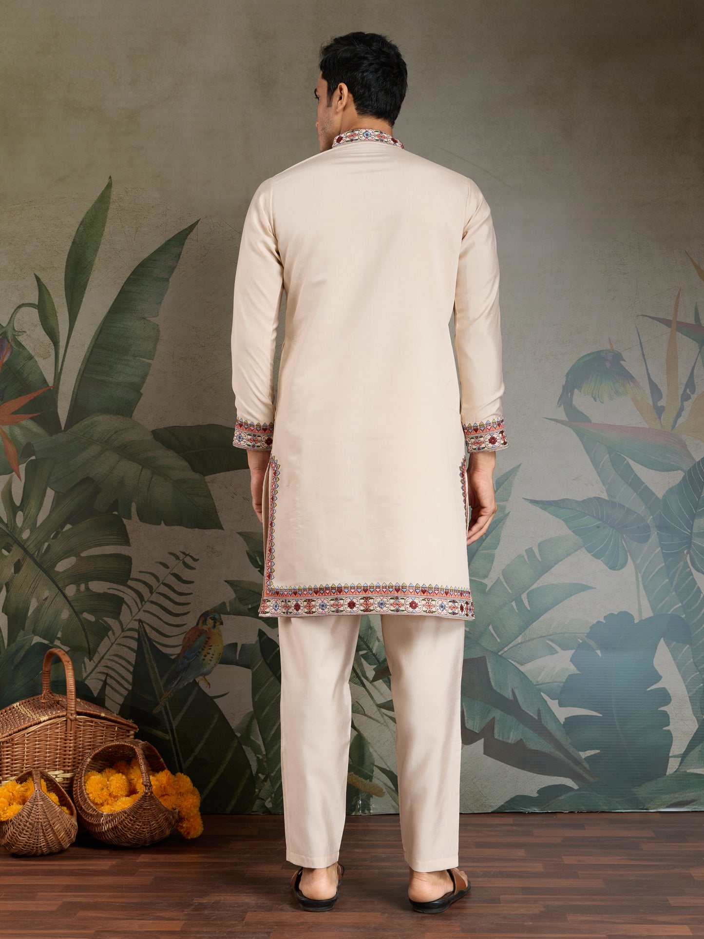 Elegant Cream Kurta with Intricate Multicolor Embroidery – Premium Festive Wear