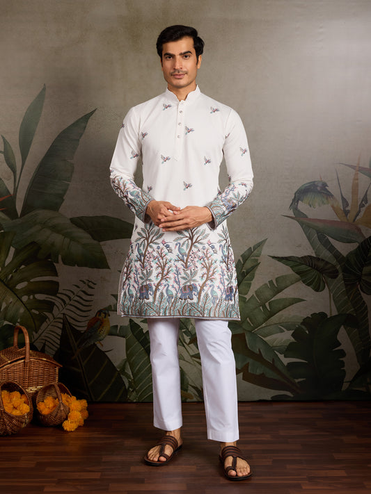 Ivory Heritage Kurta with Handcrafted Nature-Inspired Detailing