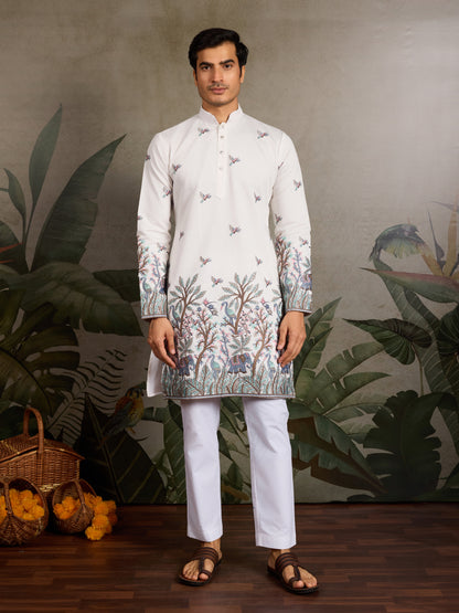 Ivory Heritage Kurta with Handcrafted Nature-Inspired Detailing