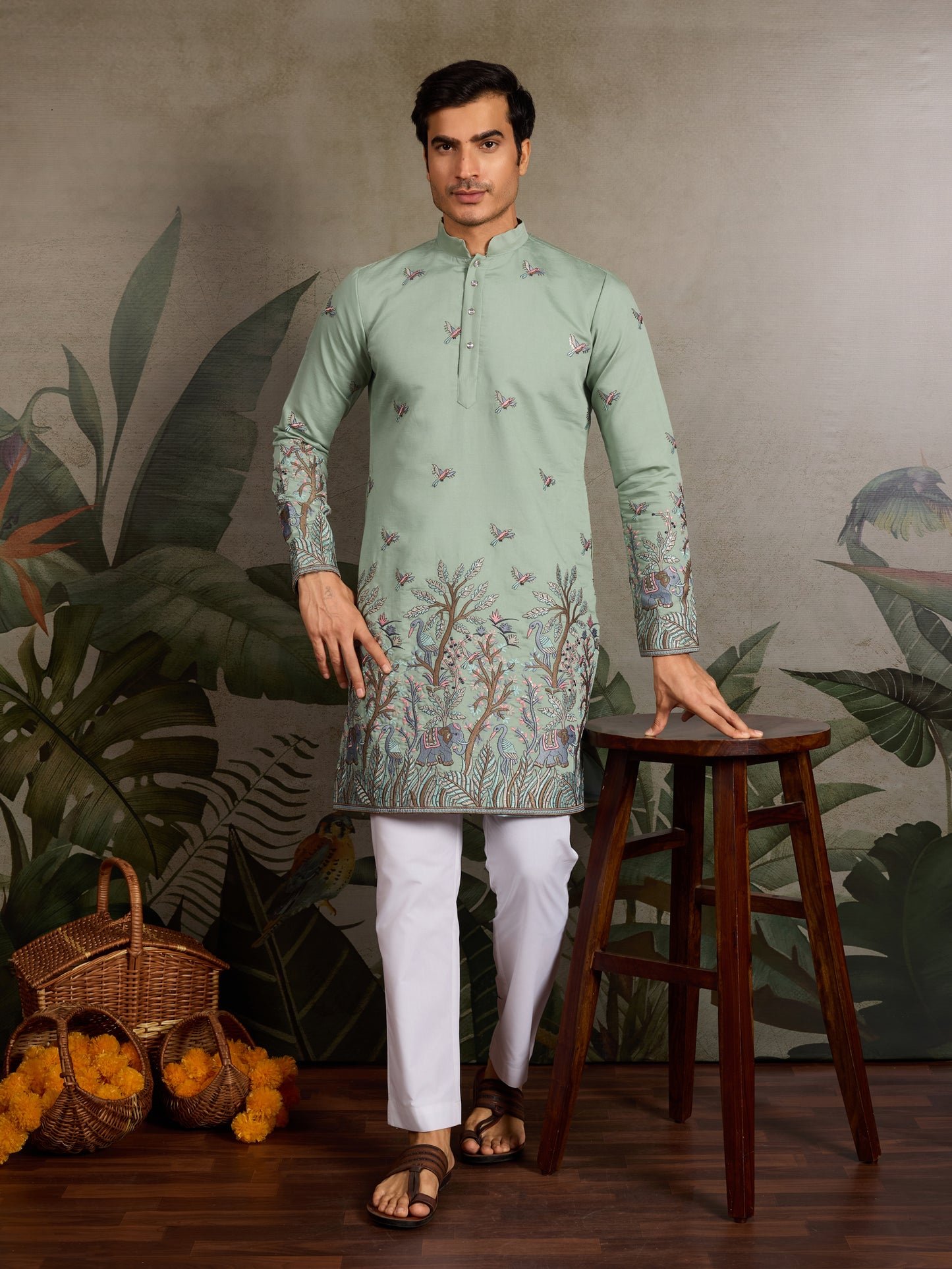 Pastel Sage Kurta with Royal Elephant & Nature Motifs