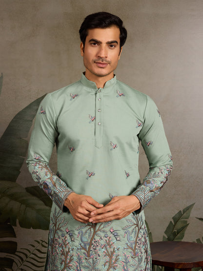 Pastel Sage Kurta with Royal Elephant & Nature Motifs