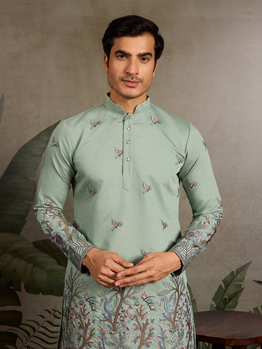 Pastel Sage Kurta with Royal Elephant & Nature Motifs