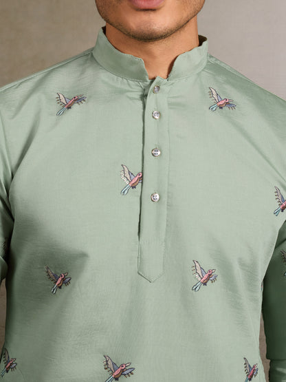 Pastel Sage Kurta with Royal Elephant & Nature Motifs