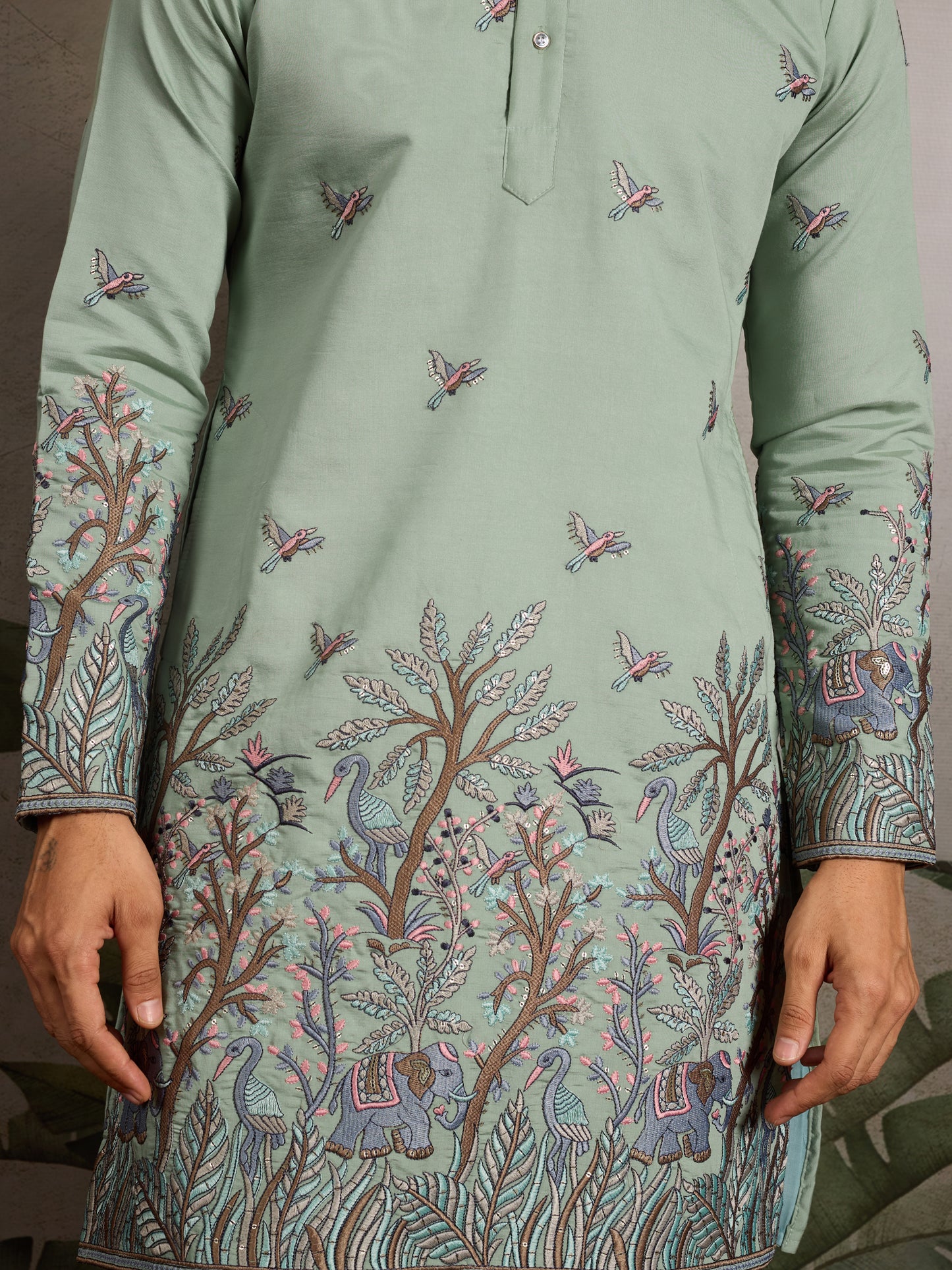 Pastel Sage Kurta with Royal Elephant & Nature Motifs