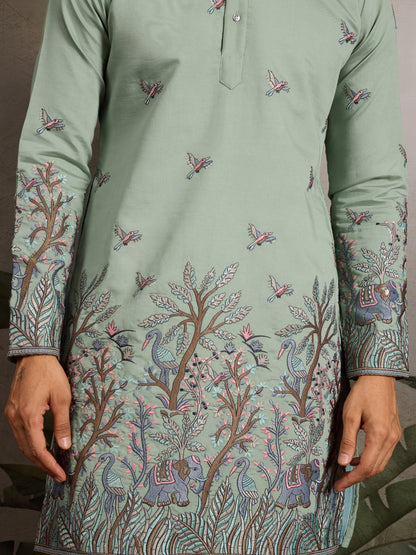 Pastel Sage Kurta with Royal Elephant & Nature Motifs