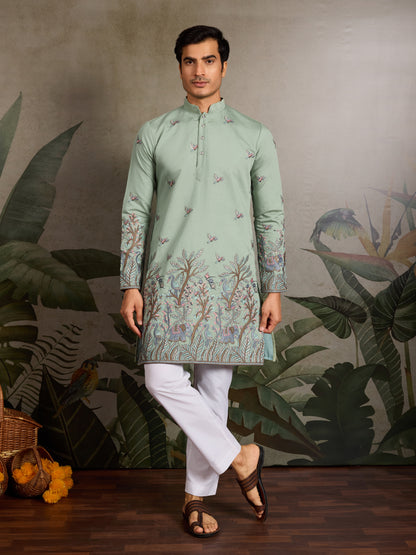 Pastel Sage Kurta with Royal Elephant & Nature Motifs