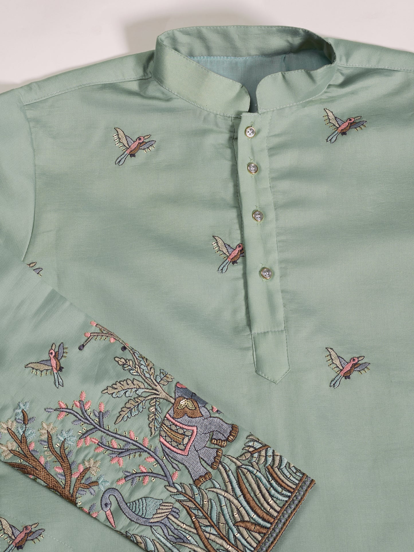 Pastel Sage Kurta with Royal Elephant & Nature Motifs
