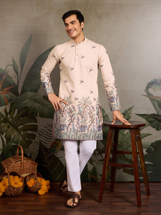 Beige Royal Kurta – Embroidered Elegance with Elephant & Bird Motifs