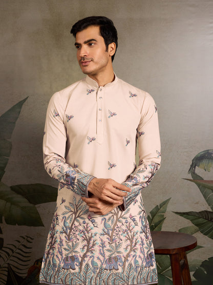 Beige Royal Kurta – Embroidered Elegance with Elephant & Bird Motifs