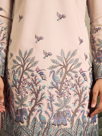 Beige Royal Kurta – Embroidered Elegance with Elephant & Bird Motifs