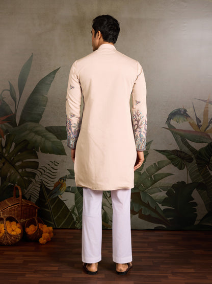 Beige Royal Kurta – Embroidered Elegance with Elephant & Bird Motifs