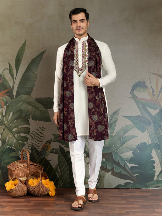 Elegant White Kurta with Hand Embroidered Geometric Detailing & Contrast Dupatta