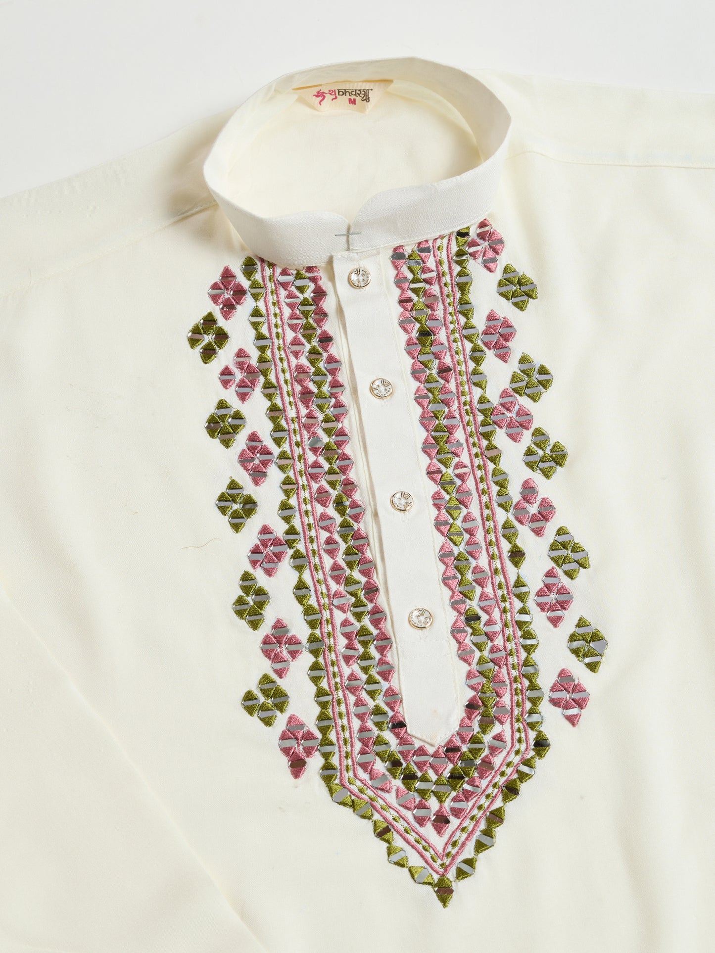 Elegant White Kurta with Hand Embroidered Geometric Detailing & Contrast Dupatta