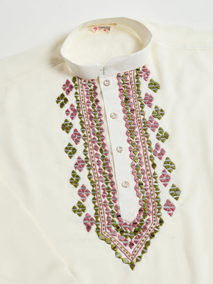 Elegant White Kurta with Hand Embroidered Geometric Detailing & Contrast Dupatta