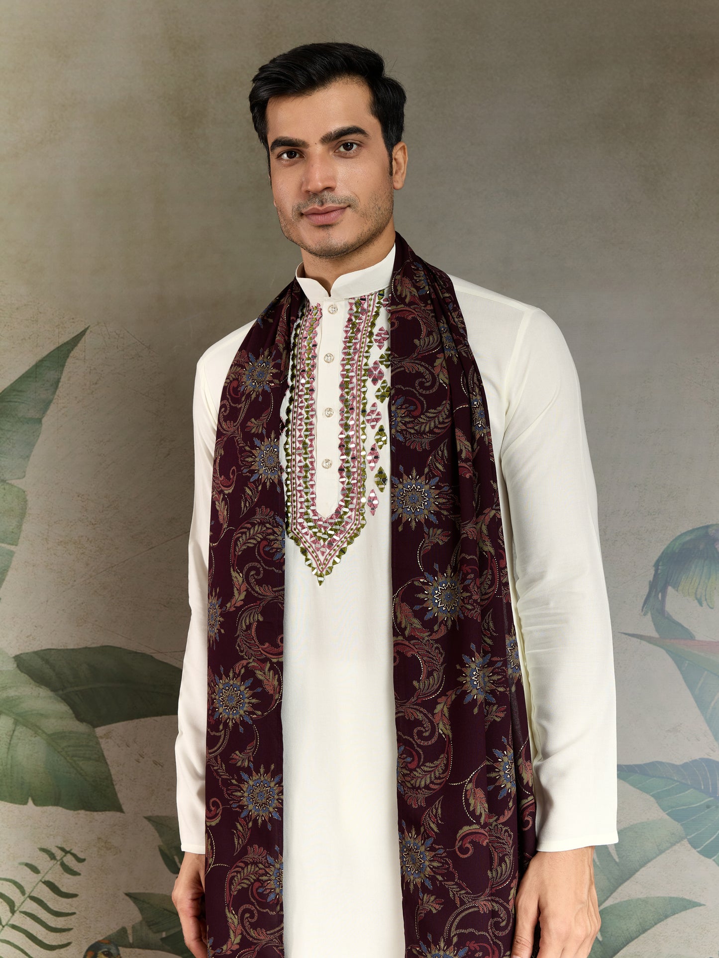 Elegant White Kurta with Hand Embroidered Geometric Detailing & Contrast Dupatta