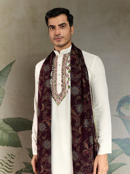 Elegant White Kurta with Hand Embroidered Geometric Detailing & Contrast Dupatta