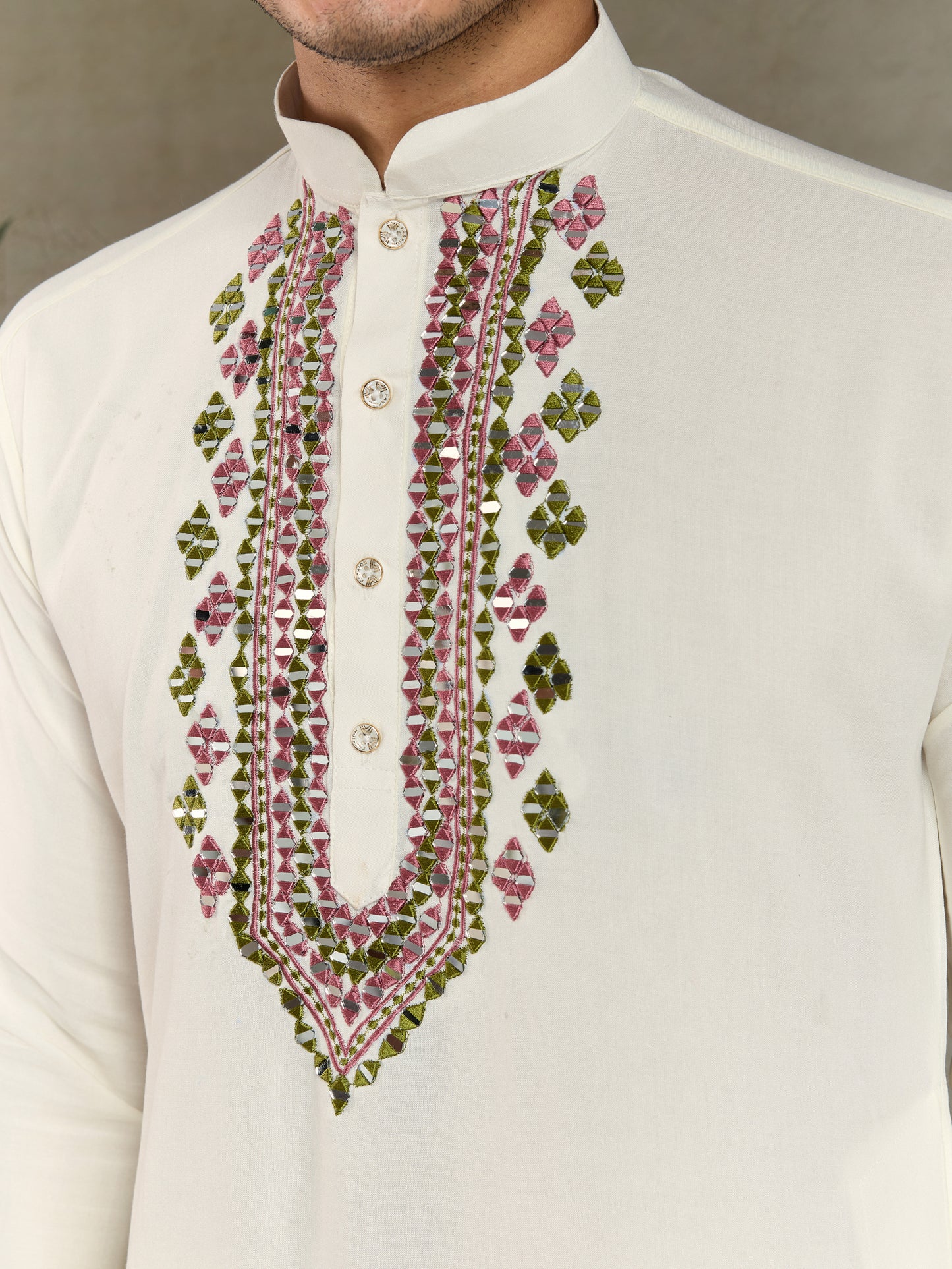 Elegant White Kurta with Hand Embroidered Geometric Detailing & Contrast Dupatta