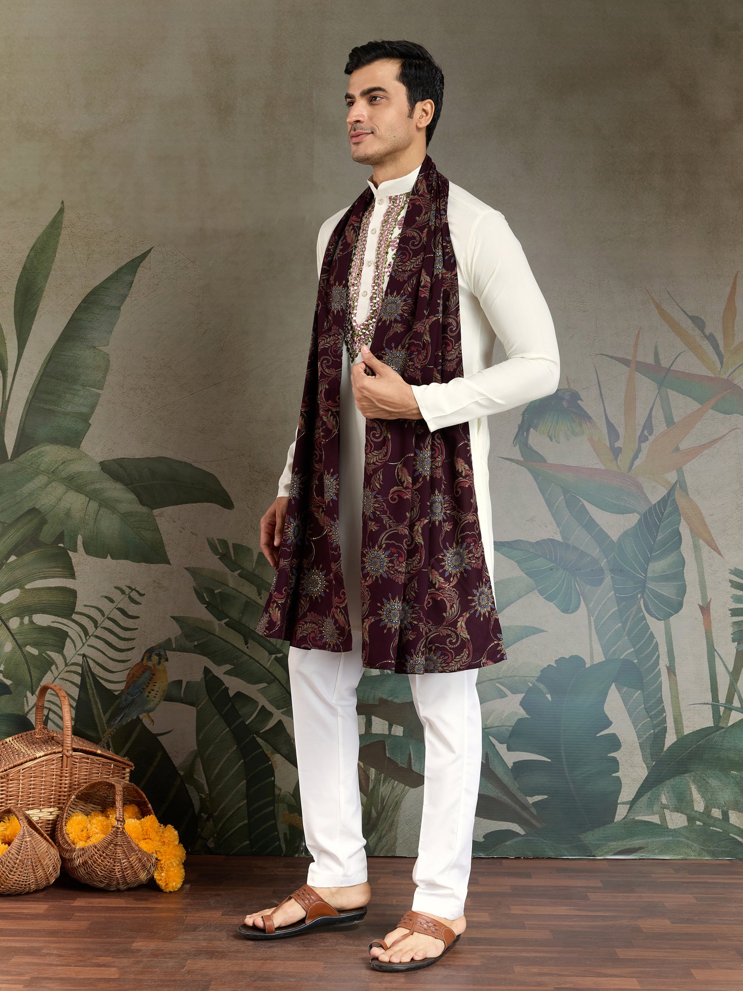 Elegant White Kurta with Hand Embroidered Geometric Detailing & Contrast Dupatta