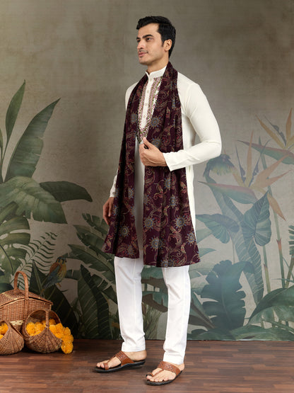 Elegant White Kurta with Hand Embroidered Geometric Detailing & Contrast Dupatta