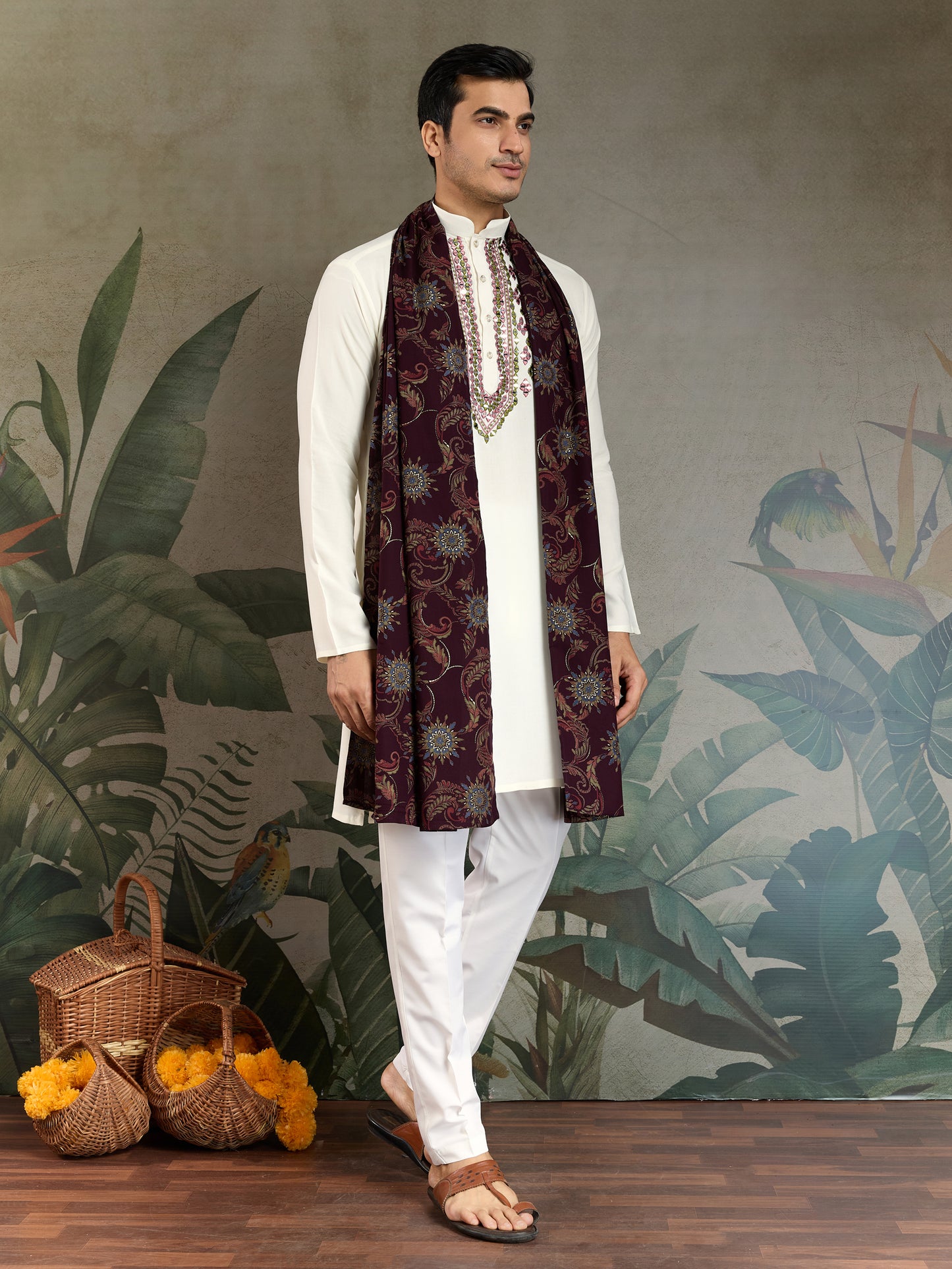Elegant White Kurta with Hand Embroidered Geometric Detailing & Contrast Dupatta