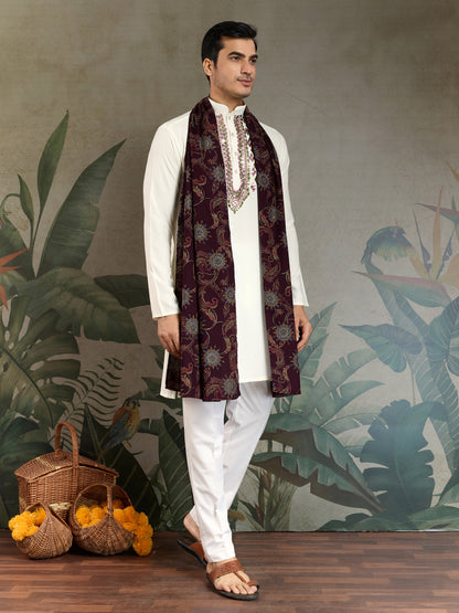 Elegant White Kurta with Hand Embroidered Geometric Detailing & Contrast Dupatta