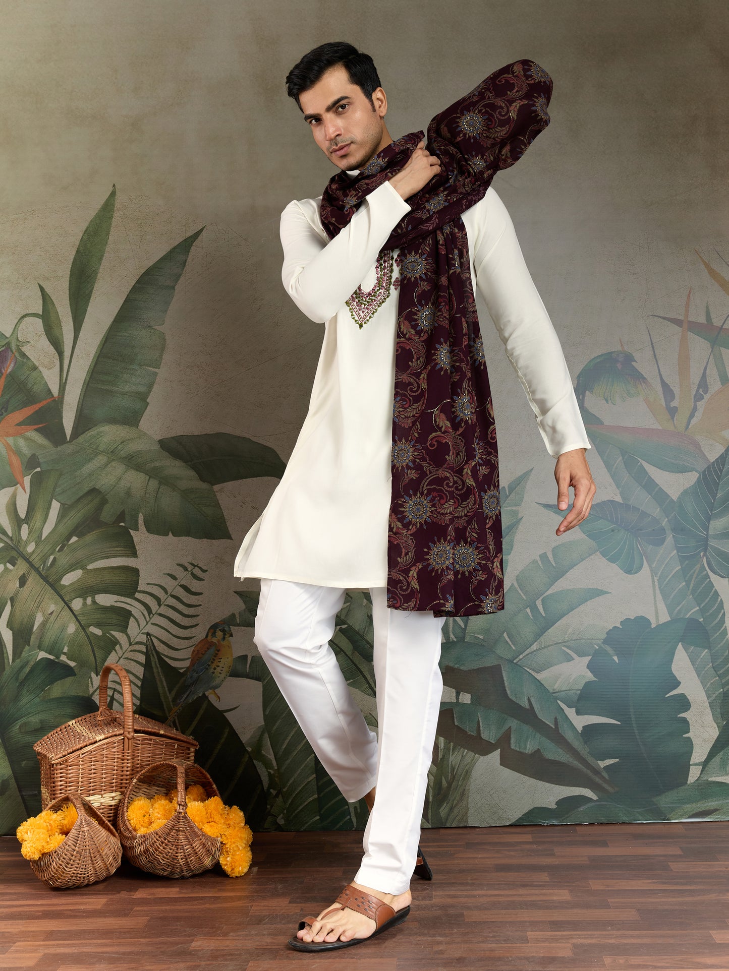 Elegant White Kurta with Hand Embroidered Geometric Detailing & Contrast Dupatta