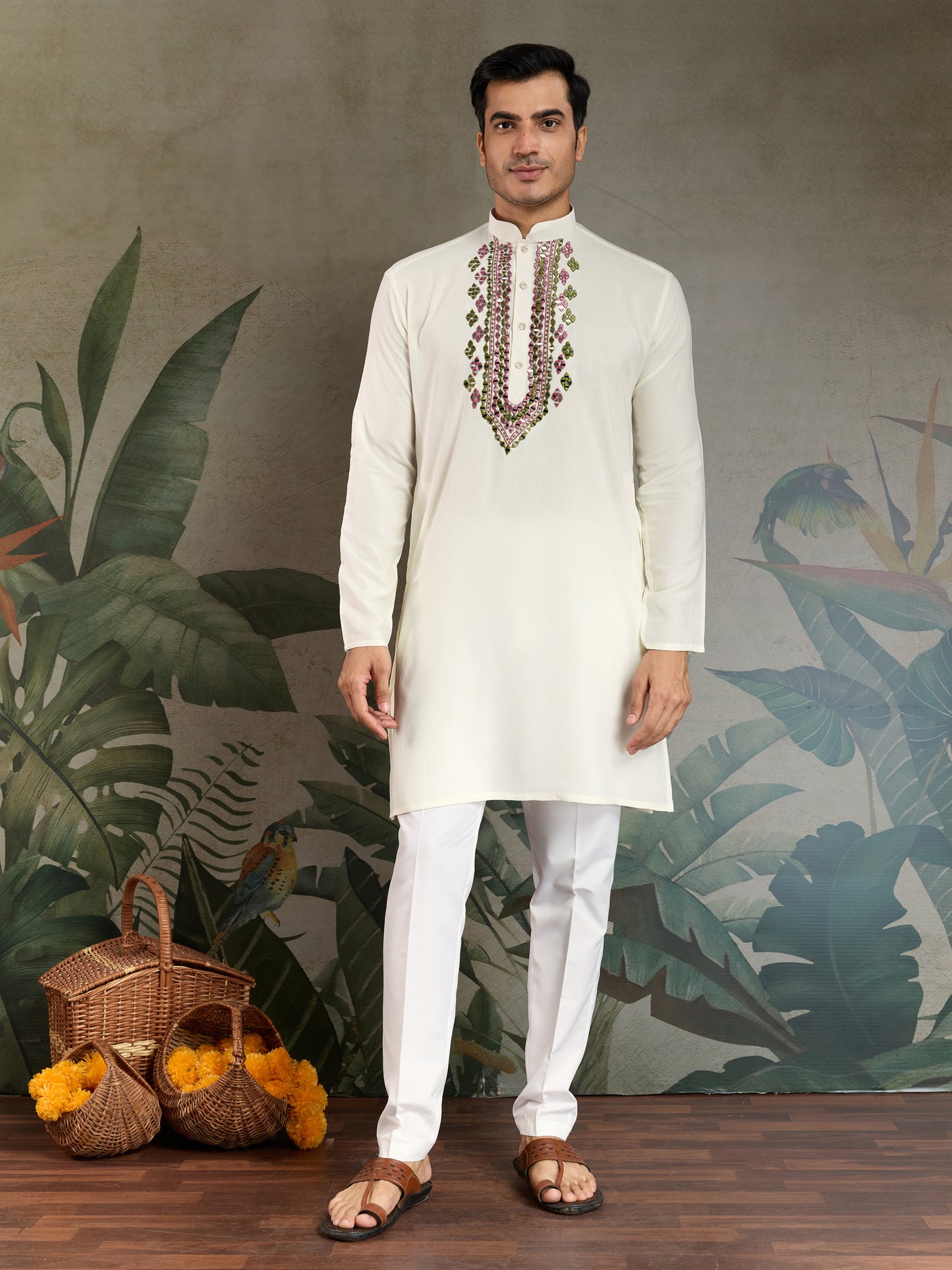 Elegant White Kurta with Hand Embroidered Geometric Detailing & Contrast Dupatta