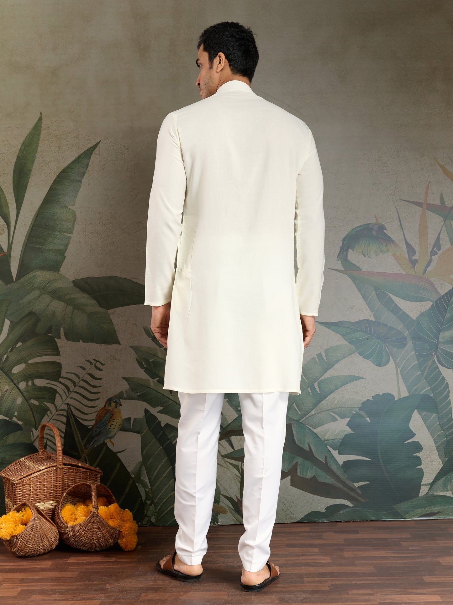 Elegant White Kurta with Hand Embroidered Geometric Detailing & Contrast Dupatta