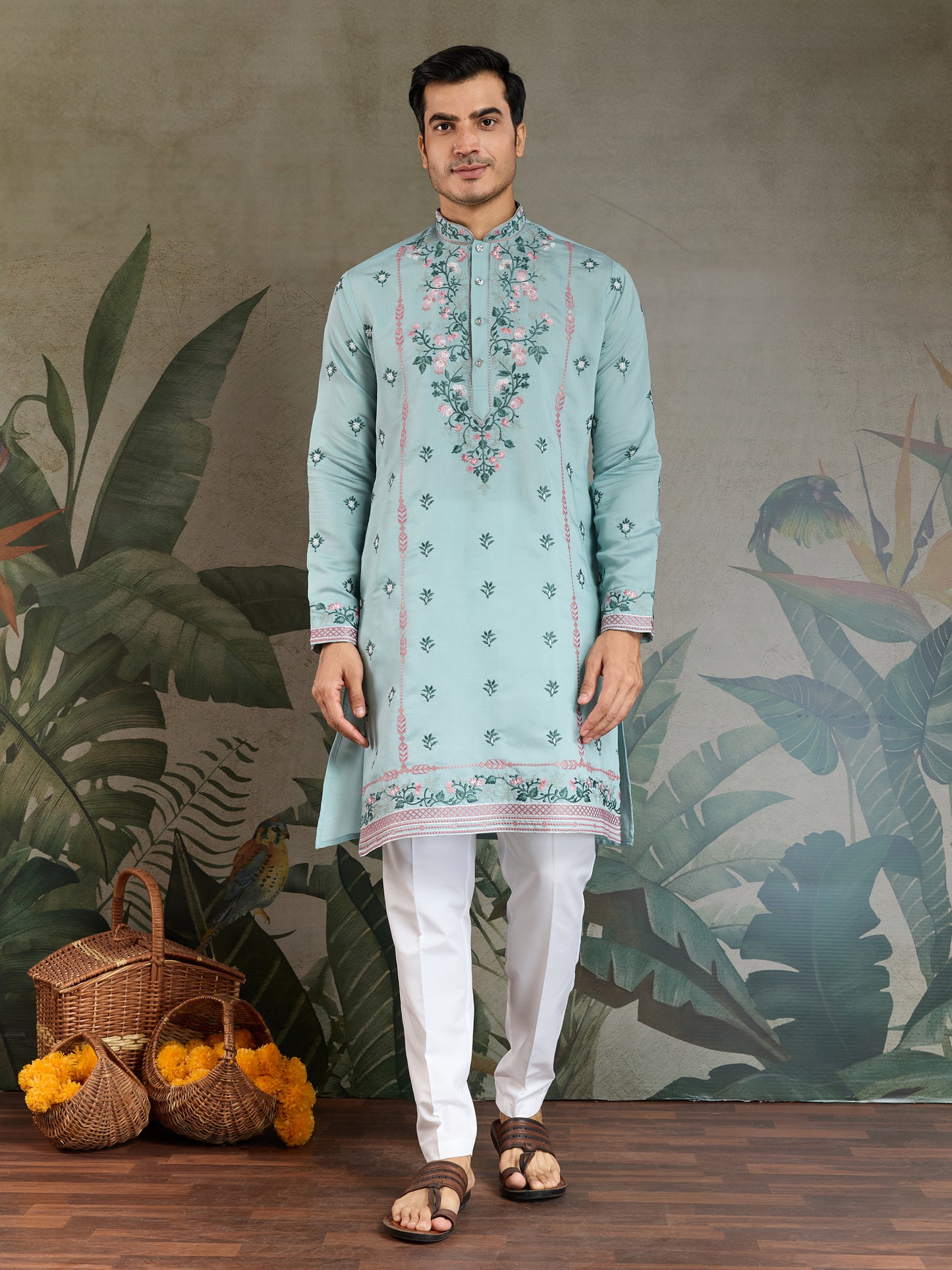Embroidered Cotton Kurta with Floral Detailing