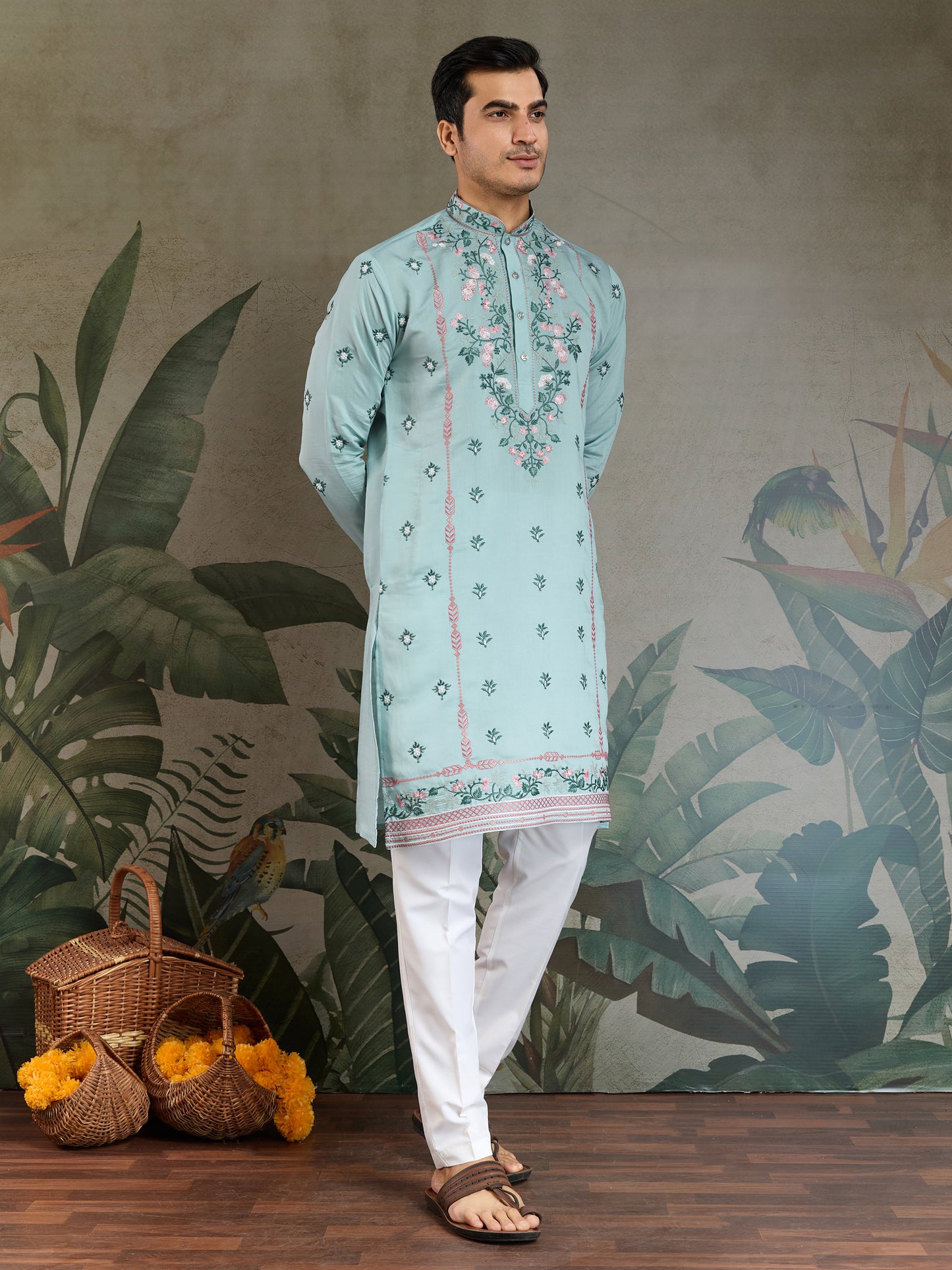 Embroidered Cotton Kurta with Floral Detailing