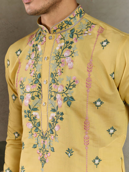 Golden Mustard Embroidered Cotton Kurta for Men – Festive & Elegant