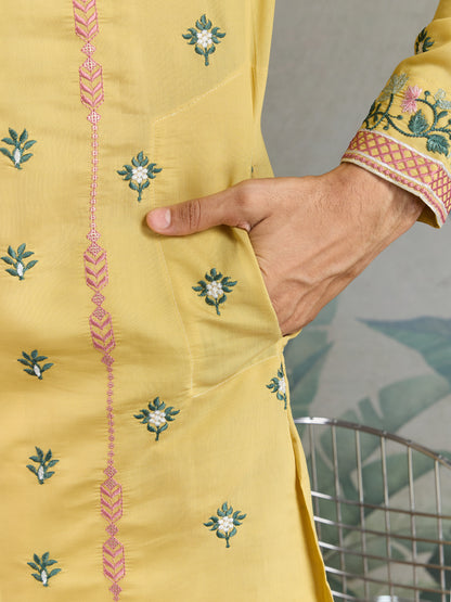 Golden Mustard Embroidered Cotton Kurta for Men – Festive & Elegant