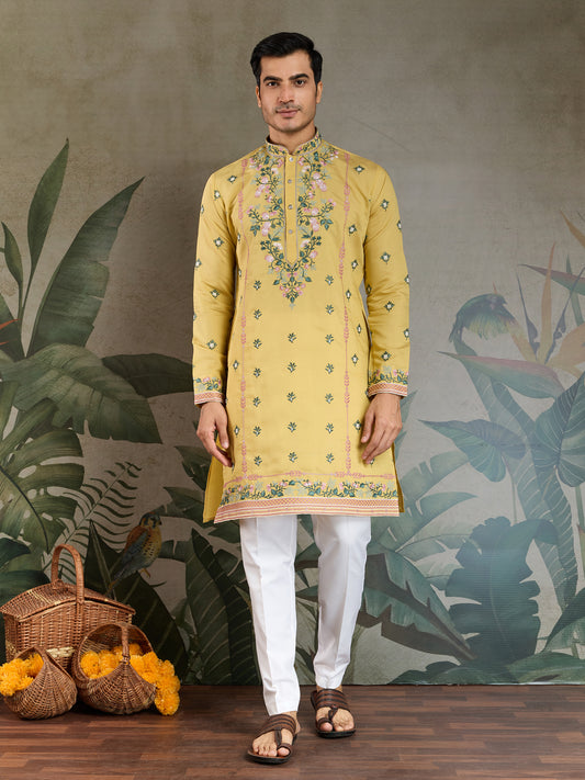 Golden Mustard Embroidered Cotton Kurta for Men – Festive & Elegant