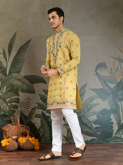 Golden Mustard Embroidered Cotton Kurta for Men – Festive & Elegant