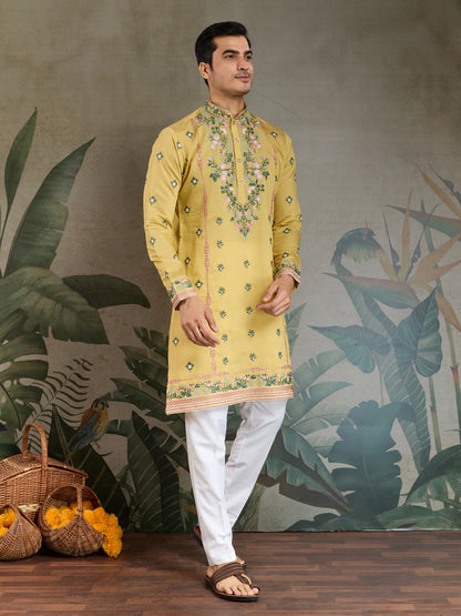 Golden Mustard Embroidered Cotton Kurta for Men – Festive & Elegant