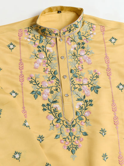 Golden Mustard Embroidered Cotton Kurta for Men – Festive & Elegant