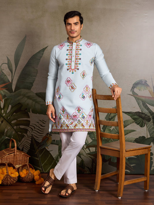 Elegant Sky Blue Kurta with Multicolor Embroidery for Men