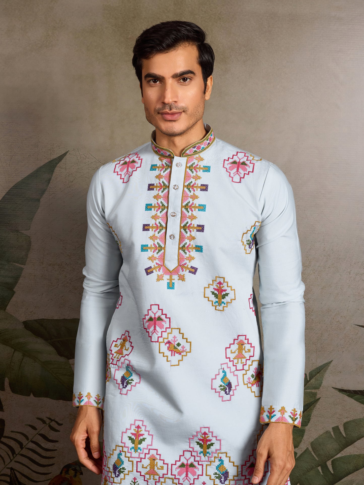 Elegant Sky Blue Kurta with Multicolor Embroidery for Men
