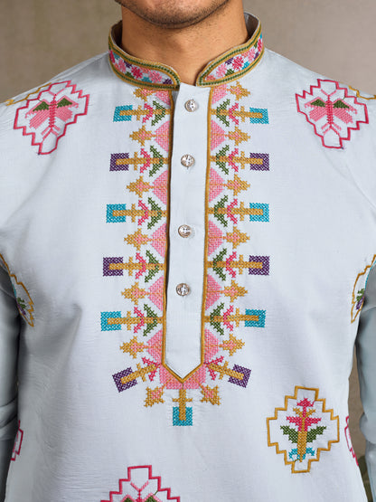 Elegant Sky Blue Kurta with Multicolor Embroidery for Men