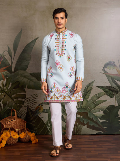 Elegant Sky Blue Kurta with Multicolor Embroidery for Men