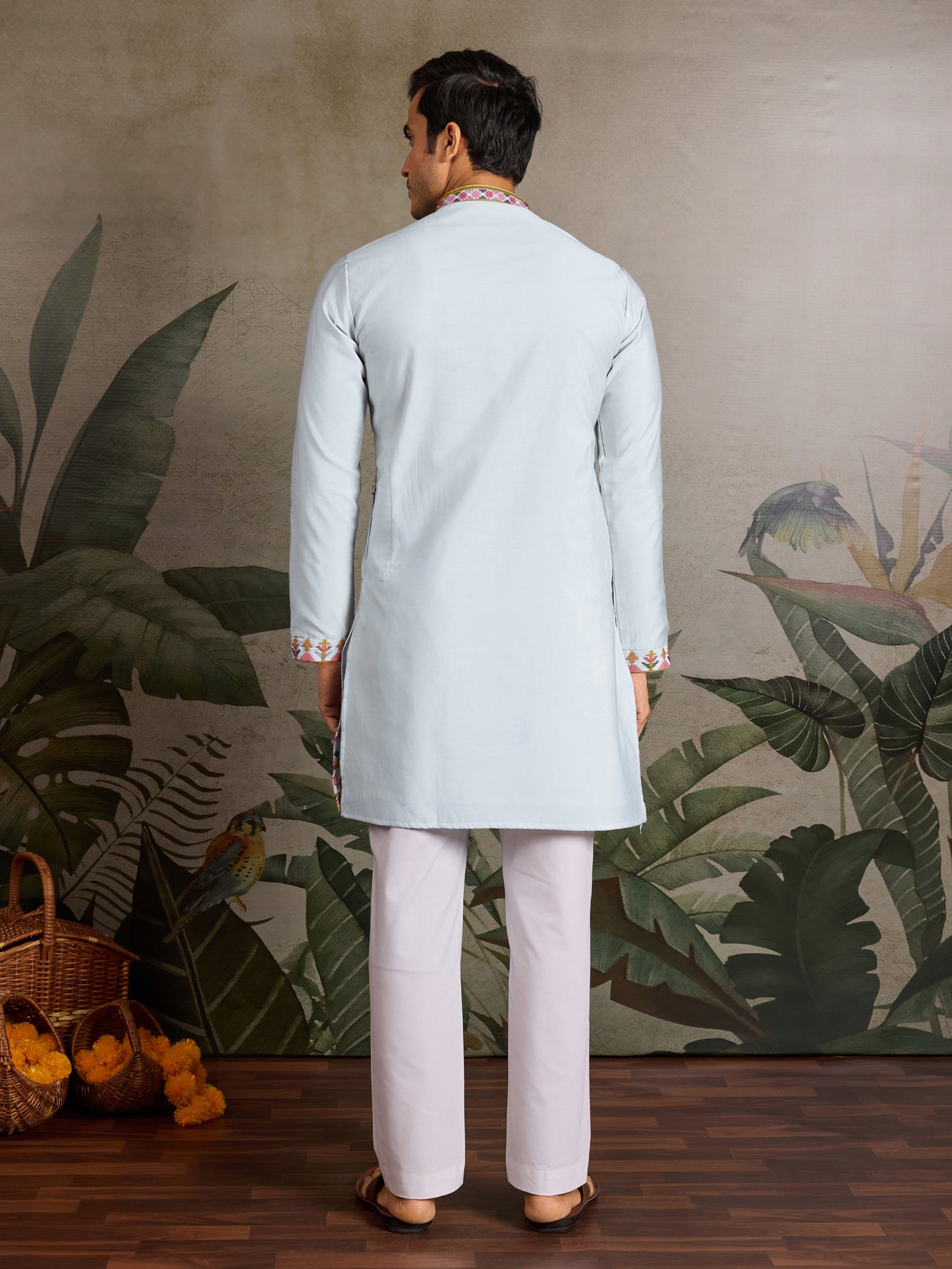 Elegant Sky Blue Kurta with Multicolor Embroidery for Men