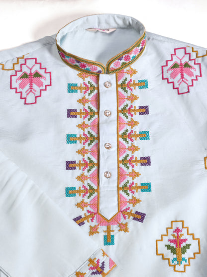 Elegant Sky Blue Kurta with Multicolor Embroidery for Men
