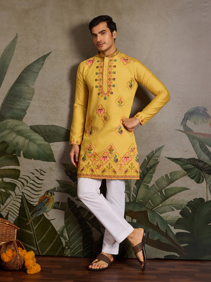 Mustard Yellow Embroidered Kurta for Men – Festive & Wedding Wear