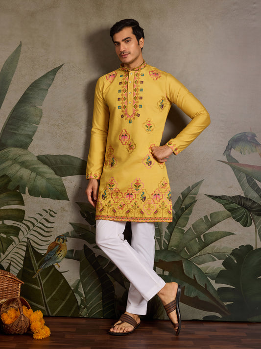 Mustard Yellow Embroidered Kurta for Men – Festive & Wedding Wear