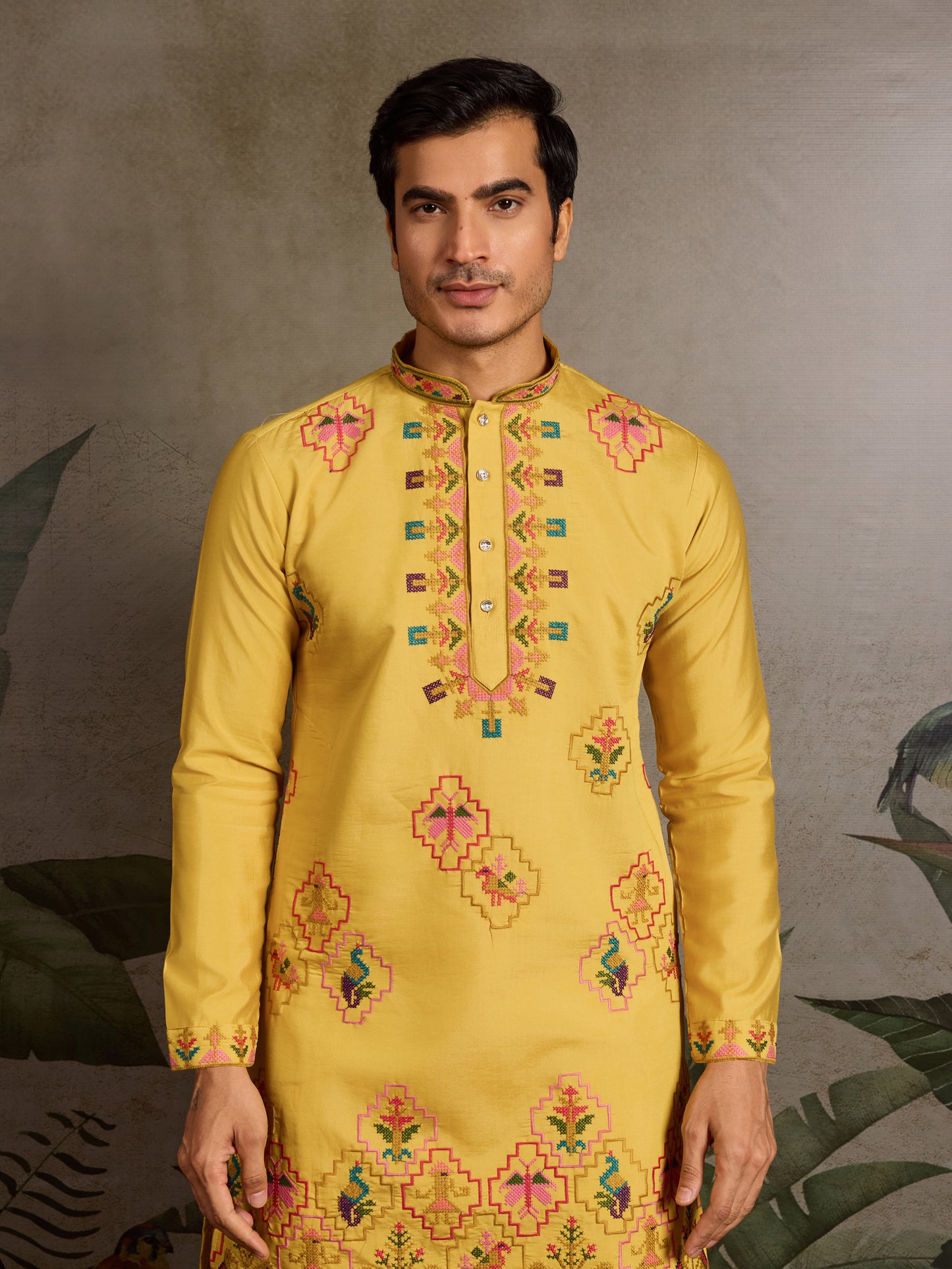 Mustard Yellow Embroidered Kurta for Men – Festive & Wedding Wear