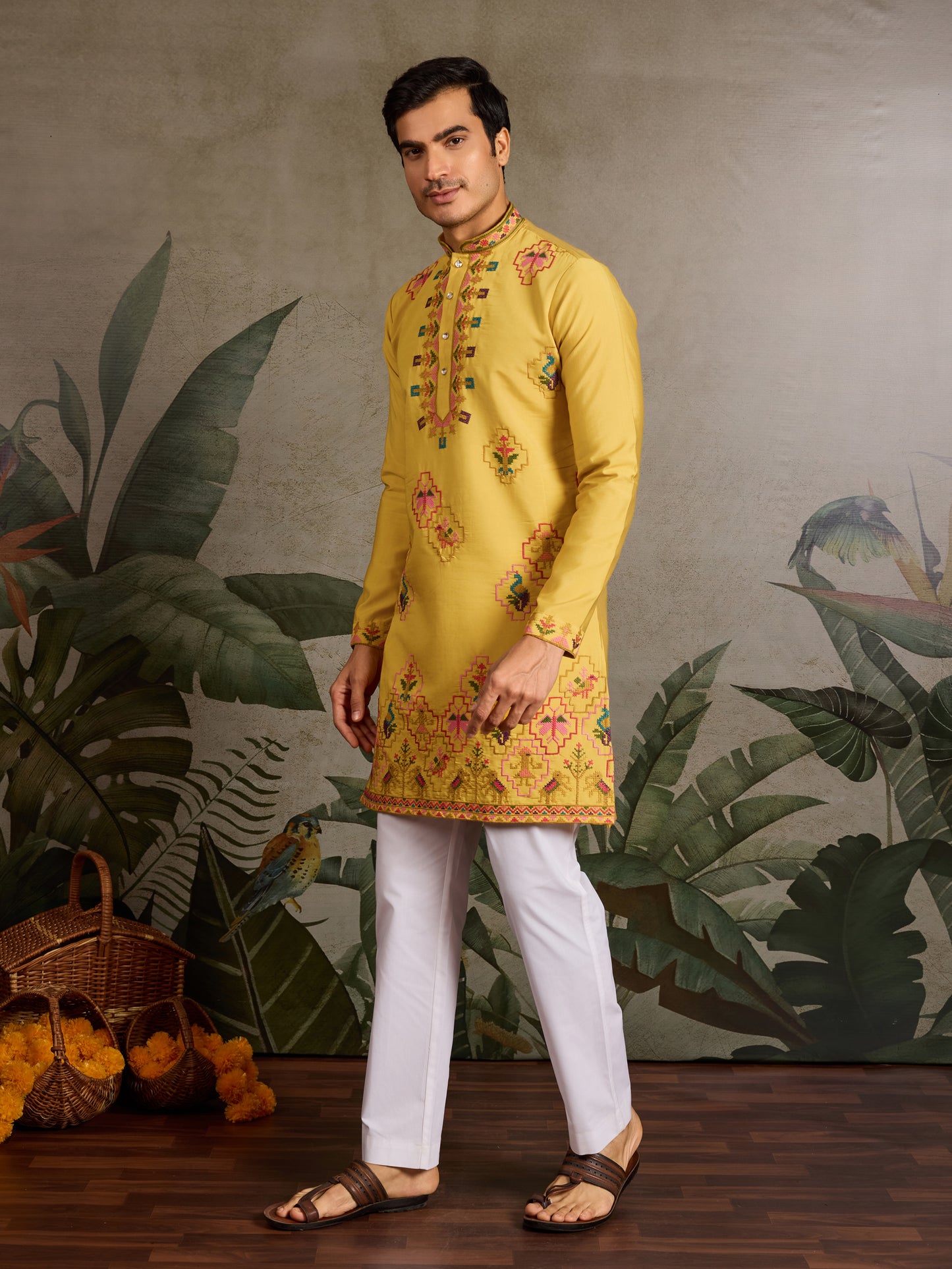 Mustard Yellow Embroidered Kurta for Men – Festive & Wedding Wear